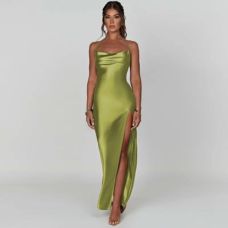 New Spaghetti Strap Slit Draped Maxi Dress Summer Outfits for Women Elegant Birthday Club Party Satin Backless Dresses