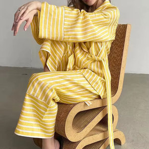 Conjunto <span class=keywords><strong>de</strong></span> Mujer <span class=keywords><strong>de</strong></span> Nuevo Diseño, Alta Calidad, Moda Femenina, 100% <span class=keywords><strong>Lino</strong></span>, Holgado, con Cinturones, Camisa a Rayas y <span class=keywords><strong>Pantalones</strong></span> Rectos Amarillos - Product Image 4