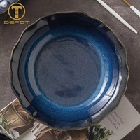 Ensemble de bols à dîner en céramique bleu foncé nordique, en porcelaine, grande capacité, bord fleuri, bol à soupe en céramique avec rebord pour restaurant