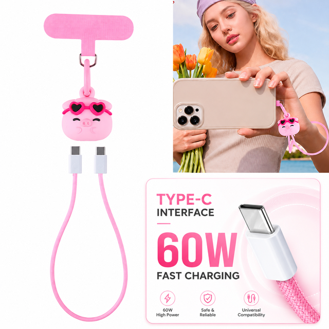 Cute Pink Pig Wrist Strap 60W Fast Charging Cable USB C to USB C Laptop Mobile Phone Lanyard USB Type C Data Cable for Outdoor