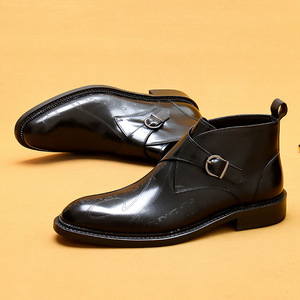 Winter genuine leather British-style engraved business formal high-top leather shoes, <b>pointed</b> toe men's short boots - Product Image 4