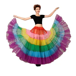 Factory Direct Women Vintage Full Length Multi Layered Fluffy Organdy Skirt Rainbow Long Skirts