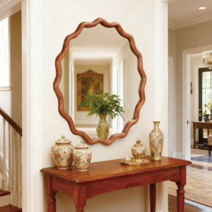 Yellowish Brown 30 Inch Wavy Round Solid Wood Frame Decorative <b>Mirror</b> For Bedroom Bathroom Living Room Entryway - Product Image 6