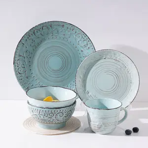 Antieke Stijl Decoratieve 16 Pcs Reliëf Steengoed Keramiek Gerechten Borden En Kommen Servies Sets