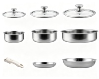 Ensemble de 9 casseroles et poêles en acier inoxydable 304 à 3 plis avec poignée amovible et couvercles en verre, empilables