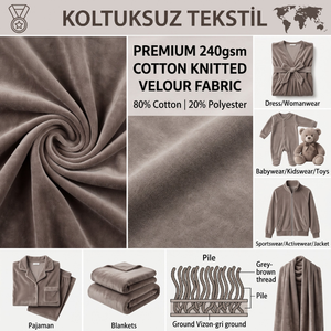Tela de Velour de Algodón Tejido de Primera Calidad, 240 g/m², Color Taupe, 80/20 Algodón/Poliéster, en Rollo, para Prendas al por Mayor - Product Image 3