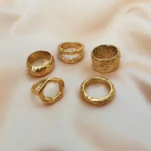 Minos Jewelry Hammered Rings 18K Gold Plated Stainless Steel Hammered Chunky Rings for Men and Women