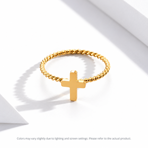 Cross Rope <b>Ring</b> <b>Stainless</b> <b>Steel</b> 14K Gold Vacuum Plated Twisted Band with Polished Cross Motif - Product Image 1