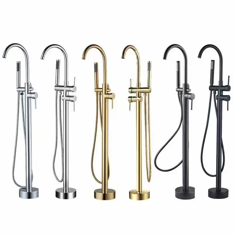 Brass standing bath faucet with separate shower showerhead Hotel home floor bath faucet swan neck outlet