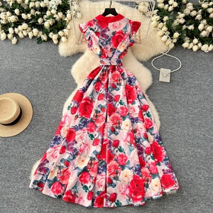 Vestidos Largos Elegantes para Mujer, Estampados, con Mangas con Volantes, Cierre de Botón, Cintura Ajustada - Product Image 3