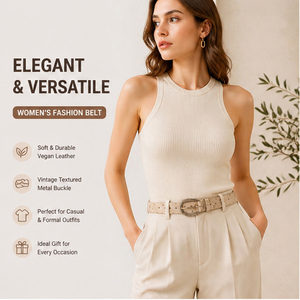 <span class=keywords><strong>Cintura</strong></span> Vintage Personalizzabile da <span class=keywords><strong>Donna</strong></span> in Pelle <span class=keywords><strong>Beige</strong></span> con Motivo a Struzzo e Fibbia Dorata - Product Image 2