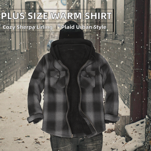 Wholesale New Plus Size Bonded Streetwear <b>Flannel</b> Casual Fleece Hooded Plaid Men's Warm Winter Shirt <b>Jacket</b> - Product Image 2