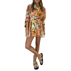 OEM Factory <span class=keywords><strong>100</strong></span> Small MOQ Fashion <span class=keywords><strong>abito</strong></span> di cotone a vita alta mezza manica fasciata da donna camicia lunga <span class=keywords><strong>abito</strong></span> di <span class=keywords><strong>lino</strong></span> floreale per donna - Product Image 2