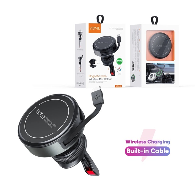 VIDVIE Magnetic 15W Fast Wireless Charging Mobile Phone Holder Car Charger With Built in Retractable Type C Cable