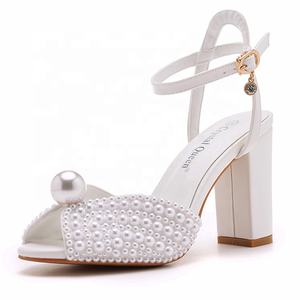 Peep Toe 9.5 cm White Ivory <strong>Block</strong> Chunk High <strong>Heel</strong> Ankle Strap <strong>Court</strong> Bridal Wedding Pearls <strong>Heels</strong> <strong>Shoes</strong> for Bride - Product Image 1