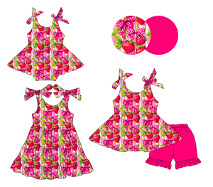 Conjuntos de Ropa Casual Personalizados para Niñas, Primavera-Otoño, Estampado de Fresas, Lazos, Shorts, Vestido con Volantes, Romper de Burbujas para Bebé, Ropa para Hermanas - Product Image 1