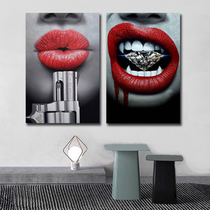 Stampe su Tela di Labbra Rosse Sanguinanti Sexy, Dipinti con Dollari, Proiettili e Denaro, Quadri Decorativi da Parete - Product Image 4