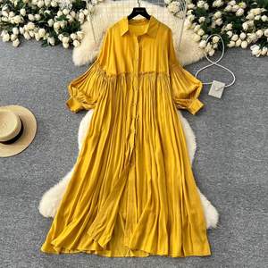 Littéraire et rétro tenue décontractée femmes nouvelle robe de printemps plissée lanterne manches décontracté ample simple boutonnage chemise longue jupe - Product Image 2