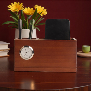 Wooden Office Organizer Rectangle Desk <b>Storage</b> Box With Clock Multifunctional Pen Holder For Neatening And Business Gifts - Product Image 2