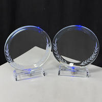 Plaque de trophée ronde en verre cristal personnalisable, trophée en cristal vierge avec base lumineuse LED