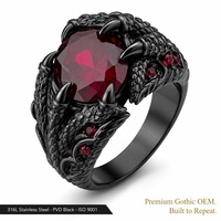 Bague griffe de dragon gothique personnalisée en acier inoxydable 316L PVD noir avec grand zircon rouge, motif écaille de dragon, pour homme, style sombre, OEM ODM en gros
