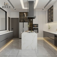 Nouvelle Cuisine Chinoise Premium Brisbane, Grande Îlot-Cuisine en Pierre Personnalisée avec Verre Trempé, Rangement et Éclairage LED, Garde-Manger Intégré
