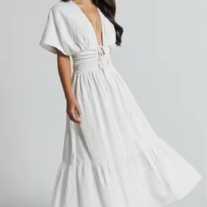 Nuevo Vestido Informal de Otoño con Logotipo Personalizado, Vestido de Lino y Algodón Modesto con Escote en V Profundo y Manga Corta para Mujer - Product Image 1