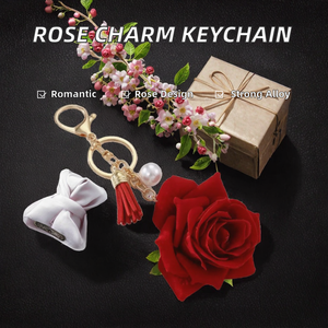 Porte-clés pendentif en alliage avec breloque rose et motif rose rouge pour femme, cadeau du Nouvel An - Product Image 2