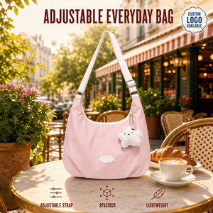 Borsa a <span class=keywords><strong>Tracolla</strong></span> Rosa a Mezzaluna in Morbido Nylon, Stile Slouchy con <span class=keywords><strong>Tracolla</strong></span> Bianca Regolabile per Uso Quotidiano Casual - Product Image 1