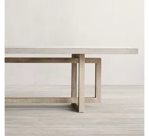<span class=keywords><strong>Table</strong></span> à manger carrée en bois récupéré rustique américain 8 places en béton posé sur un noyau en bois
