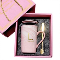 Mug en céramique marbrée avec couvercle et cuillère, boîte cadeau pour fête, tasse à café de 400 ml