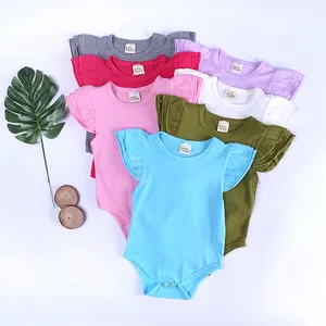 Combinaison en coton pour nouveau-né à manches évasées, vêtements d'été pour bébés filles, couleur unie, à volants, barboteuse pour bébés