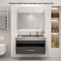 Set Meja Rias Kamar Mandi Modern yang Dipasang di Dinding dengan Kabinet Cermin LED, Wastafel Batu, dan Kabinet Penyimpanan