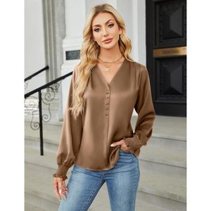 Women's Satin Long Sleeve <b>Blouse</b> V Neck Button Down Elegant Business Casual Top - Product Image 2