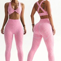 Ensemble 2 pièces de vêtements de yoga respirants à imprimé léopard pour femmes, avec sous-vêtements et pantalon de sport torsadé pour l'entraînement fitness transfrontalier