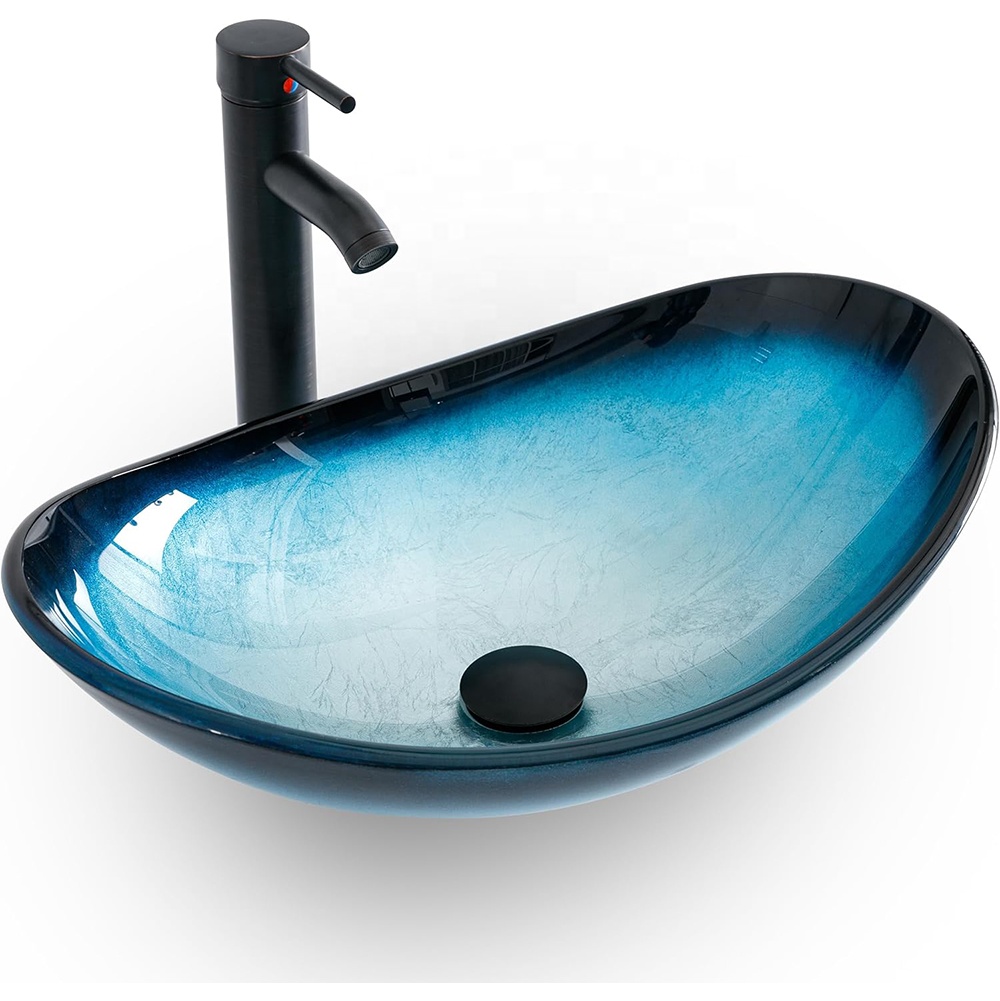 21.5 "Blauwe Badkamer Vat Gootsteen Gehard Glas Wasbak Aanrecht Kunst Bassin Ovale Gootsteen