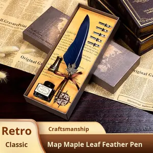 Stylo plume rétro en forme de plume de paon bleu, design feuille d'érable, ensemble de stylos plume avec bouteille d'encre et support de carte, <span class=keywords><strong>coffret</strong></span> cadeau - Product Image 3