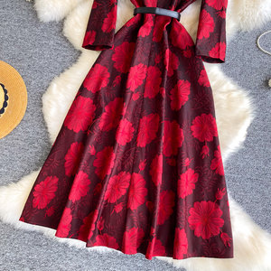 Abiti da Donna per Ufficio, <span class=keywords><strong>Vestito</strong></span> <span class=keywords><strong>Rosso</strong></span> Floreale con Cristalli, Linea A, <span class=keywords><strong>Maniche</strong></span> <span class=keywords><strong>Lunghe</strong></span>, Cintura, Elegante e Aderente, Primaverile - Product Image 4