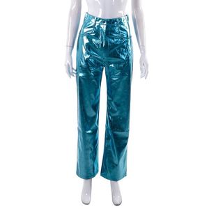 Candy Jelly Color mujeres Shinny Pu cuero pantalones sueltos de cintura alta mujeres moda recta Casual Streetwear Pantalones - Product Image 5