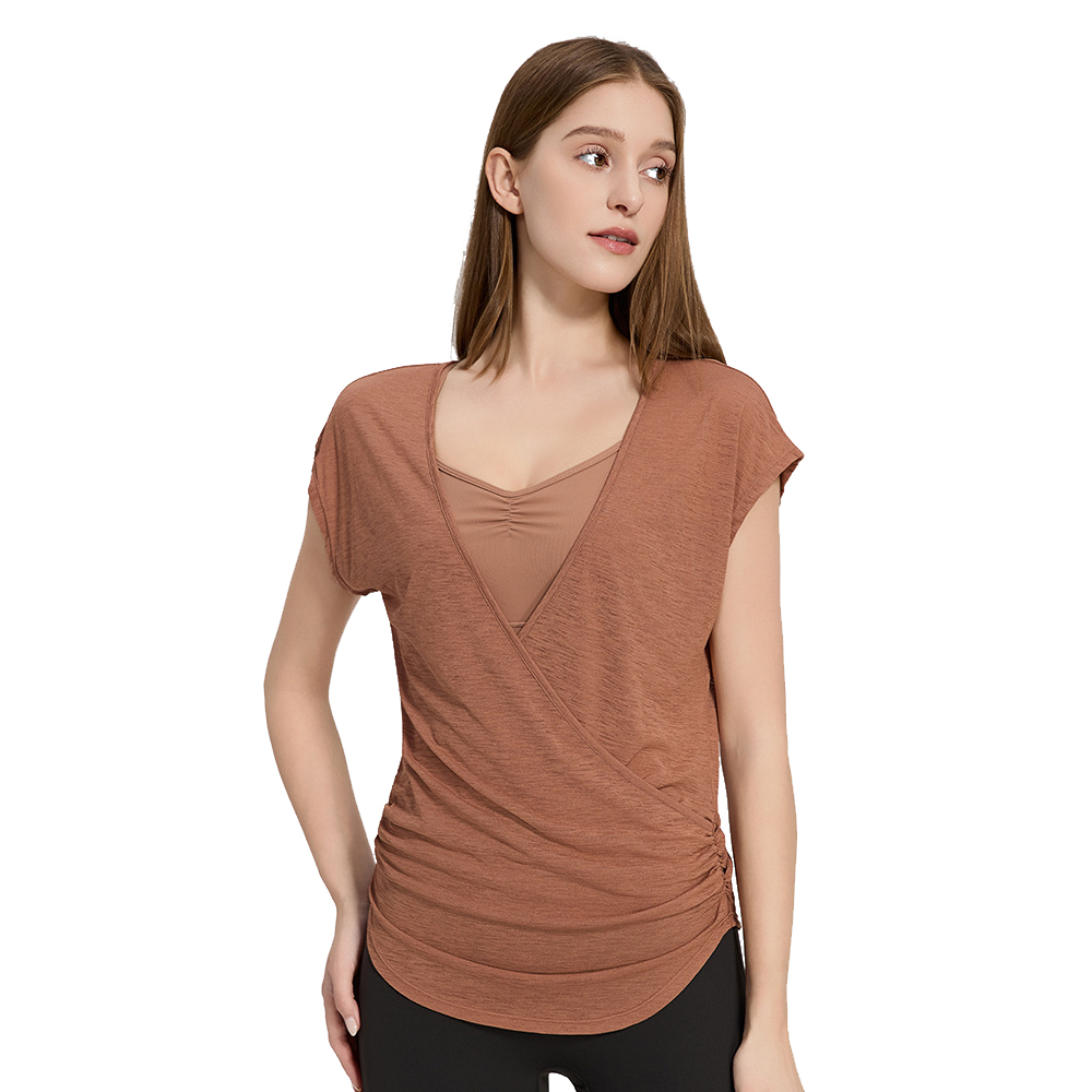 Summer Lightweight Breathable Yoga Short Sleeve Female V-neck Sports Fitness Top Loose Four-Way Stretch Quick Dry Fashion