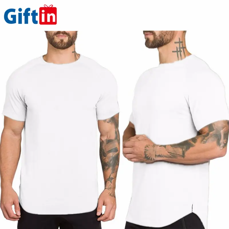 Extend round sweep hip hop t-shirt curved hem long line gym muscle fitness tshirts logo printing custom