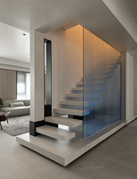 Escalier flottant moderne avec éclairage LED - Escalier en verre suspendu avec garde-corps en bois pour villa, loft, escalier intérieur