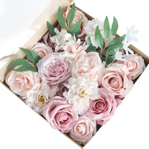DIY शादी के गुलदस्ते कृत्रिम फूलों की व्यवस्था के लिए सीज़न उच्च गुणवत्ता वाले रेशम गुलाब हेड कृत्रिम फूल कॉम्बो बॉक्स सेट