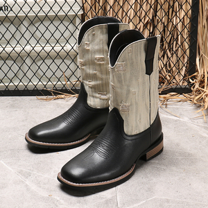 Bottes mi-mollet vintage en cuir pour hommes, brodées, style mode, pour adultes, en cuir PU - Product Image 5