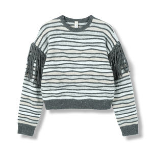 2025 personnalisé OEM & ODM dames automne hiver col rond à manches longues pull ondulé rayures tricot pull frange conception pull - Product Image 2