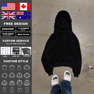 Custom Streetwear Logo Oversize Sweatshirt Vintage Stone Wash Hoodie With <b>Face</b> Masked Blank Cropped Men Hoodie - Product Image 2