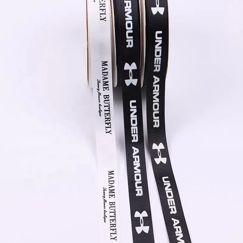 Venta al por mayor, impresión blanca con Logo, envoltura de regalo de 2,5 cm, rollo de cinta de decoración de cinta de grogrén negra personalizada