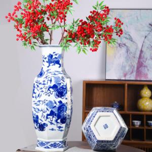 Juego de Jarrones Hexagonales de Porcelana Azul y Blanca, con Diseño de León y Figuras, Jarrones Tradicionales para Decoración del Hogar y Arreglos Florales - Product Image 2