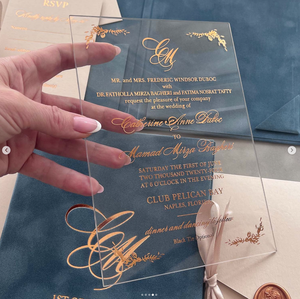 Cartes d'<span class=keywords><strong>invitation</strong></span> de mariage de luxe élégantes en acrylique estampillées à chaud, avec enveloppe en velours bleu poussière de haute qualité et dorure à chaud - Product Image 2