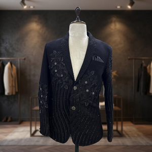 Blazer de Hombre con Bordado Floral, Chaqueta de Traje Negra de Poliéster con Detalles de Cuentas y Dos Botones - Product Image 1